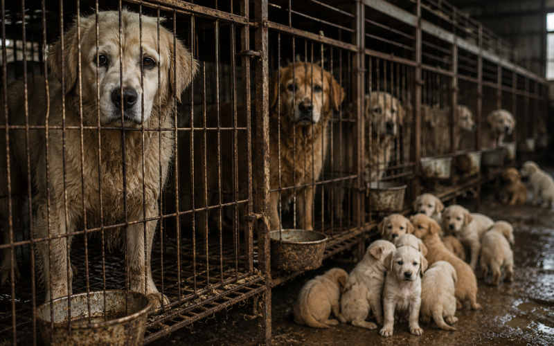 Dogs in cages at a puppy mill