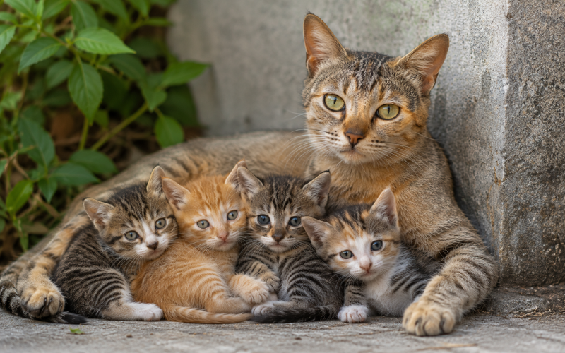 Mother cat with kittens