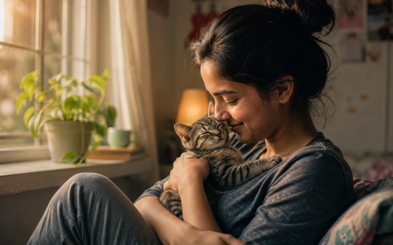 Woman cuddling an adopted kitten