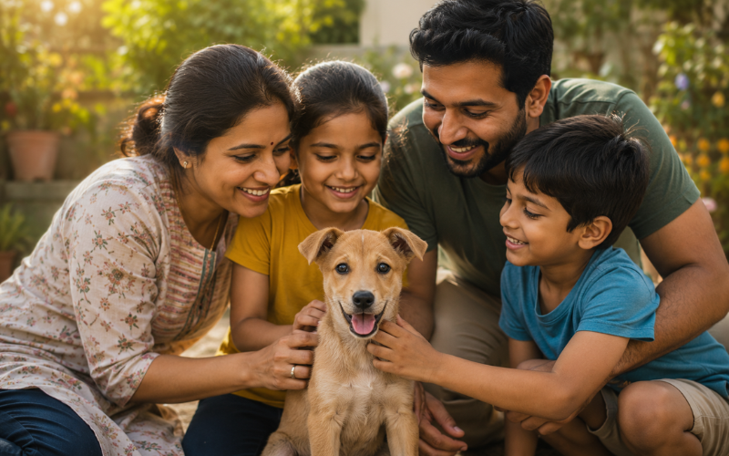 Indian family with their adopted puppy