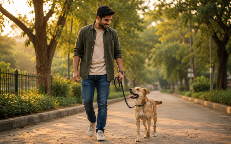 Man walking his adopted dog in a park